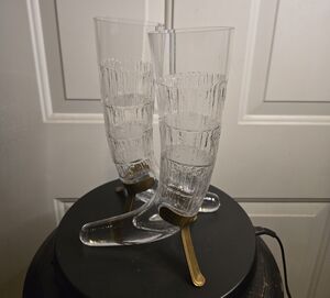 Iittala Clear Glass Horn Drinking Vessels with Brass Stands Set Of 2